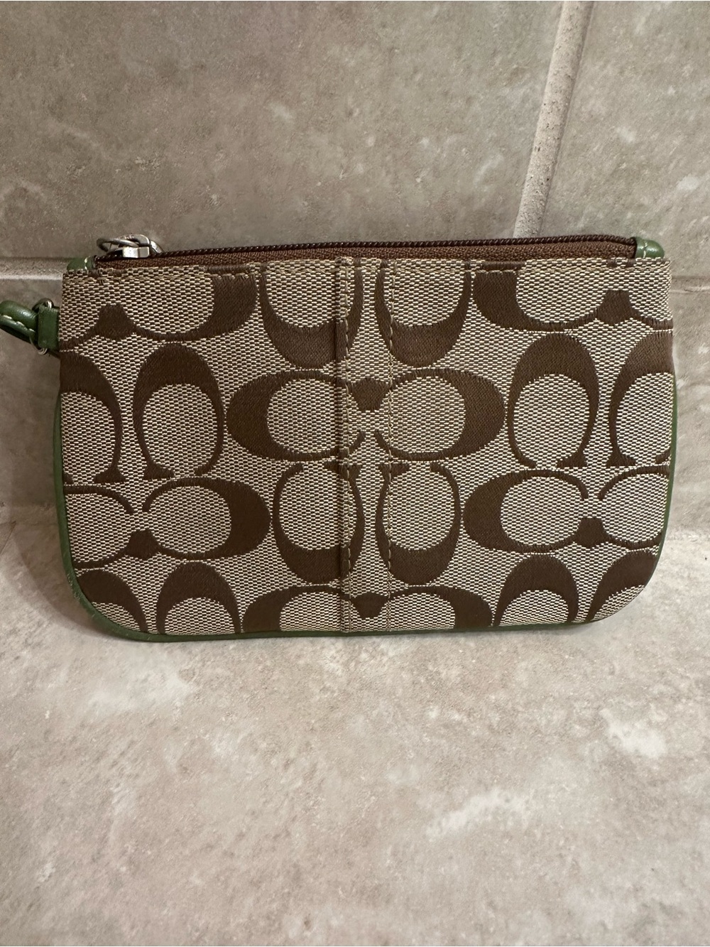 Coach Brown Signature Canvas Wristlet with Green Trim